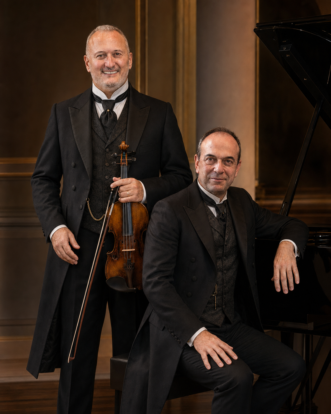Duo Castellani Rossetti in abiti d’epoca accanto al pianoforte